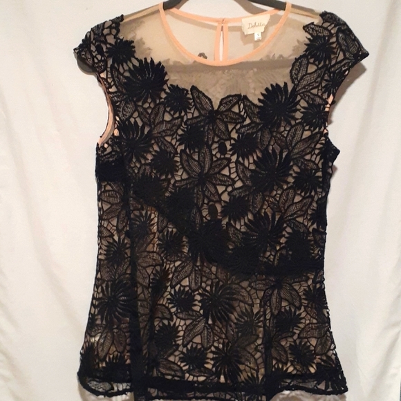 Deletta Tops - Classic Top by Deletta Timeless Nude Mesh with Black Floral Lace Overlay